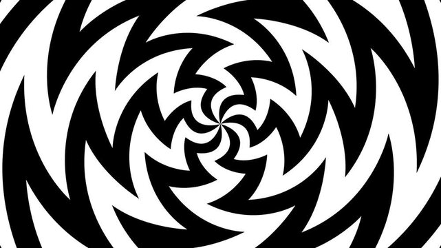 4k seamless looping spiral, abstract sharp shapes, optical illusion background set. Black and white striped pattern. Geometric tunnel hypnotic psychedelic BG.