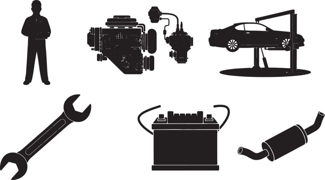 6 Black Solid Car Garage Icons Silhouettes on White