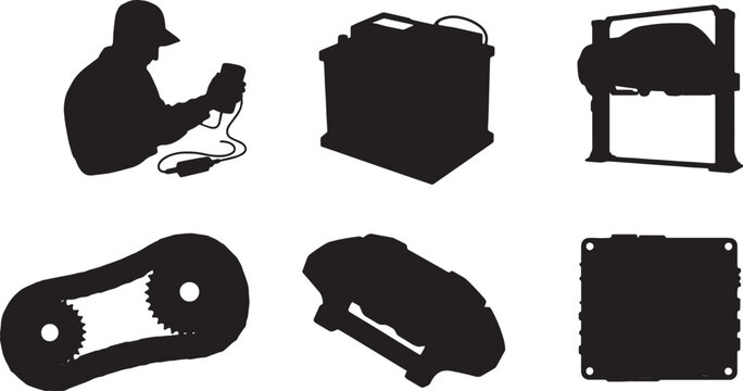 6 Black Solid Car Service Icons Silhouettes on White