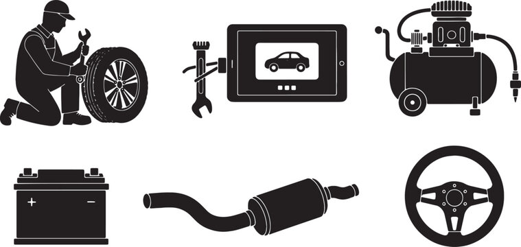 6 Black Solid Vehicle Service Outlines Silhouettes on White