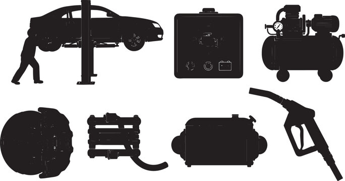 6 Black Solid Automotive Repair Outlines Silhouettes on White
