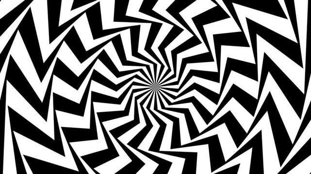 4k seamless looping spiral abstract art lines optical illusion background set. Black and white striped pattern. Geometric tunnel hypnotic psychedelic BG.