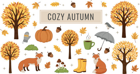 Cozy autumn vector set with fall trees, foxes, pumpkins, leaves, acorns, rain boots, umbrella, and warm seasonal nature illustrations © Yevhenii creative