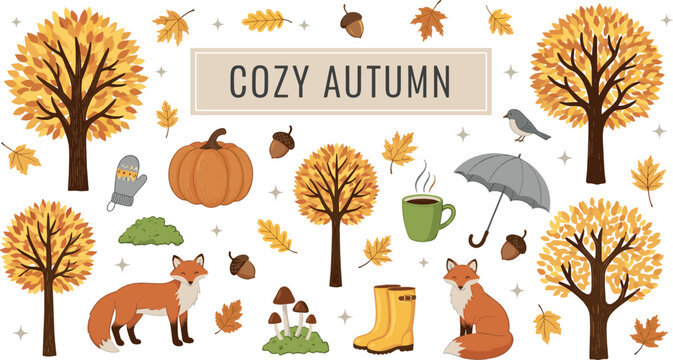 Cozy autumn vector set with fall trees, foxes, pumpkins, leaves, acorns, rain boots, umbrella, and warm seasonal nature illustrations