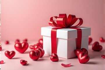 Obraz premium A beautifully wrapped white gift box adorned with a red ribbon and surrounded by red heart decorations, perfect for romantic occasions.