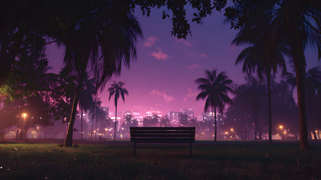 Wide angle cinematic synthwave city park at dusk with empty bench neon skyline and palm trees