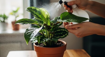 Close-up of misting a beautiful houseplant in a pot during indoor plant care.