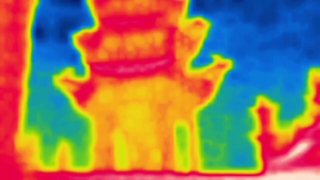 City. Houses and palaces on a hot day. Oriental architecture, Asian city. Image from thermal imager device.