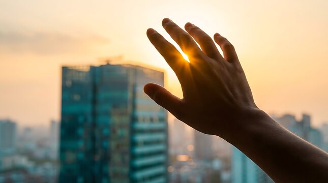 Hand reaching for sun over modern cityscape at sunset