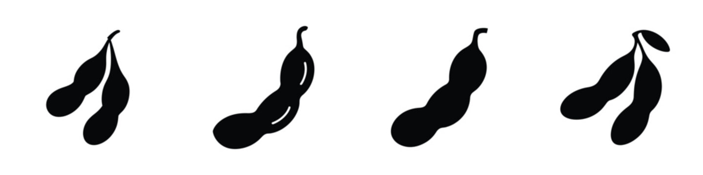 Soybean Pod Silhouette Icons Set, Organic Soya Bean Agriculture and Farming Vector Illustrations Isolated on White
