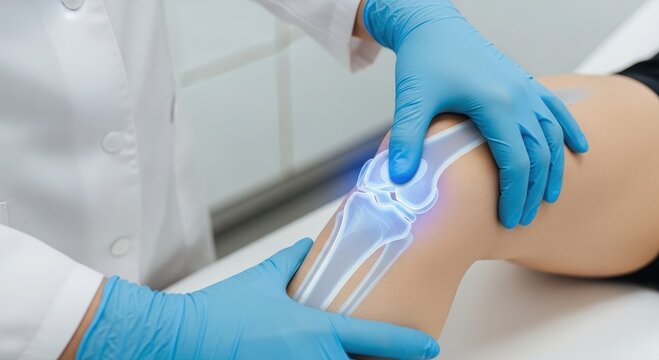 Knee pain surgery options concept. Medical professional examining a knee joint with a digital overlay.