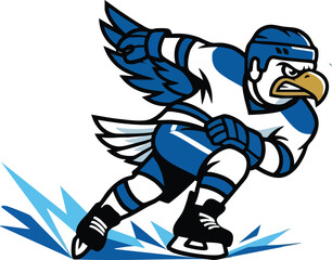 Fototapeta premium Fast Blue Eagle Ice Hockey Mascot Vector Illustration, Speed Skating Eagle Character, Dynamic Sports Team Logo Design on White Background
