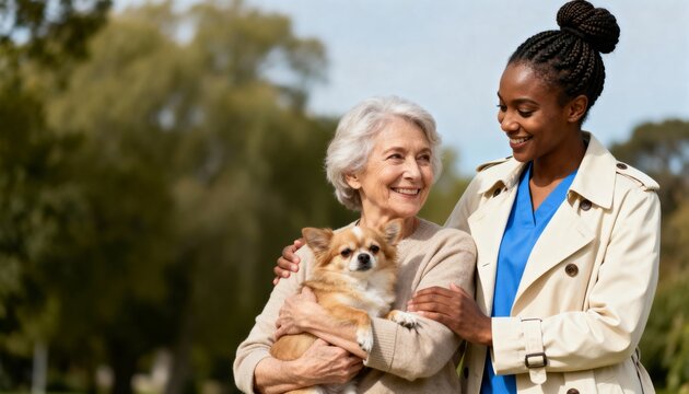 Young Black nurse assisting a happy senior woman holding a chihuahua. Elderly care, companionship, and pet therapy concept with copy space