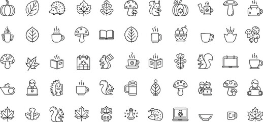 Black and white line of autumn and activities fall leaves mushrooms squirrels