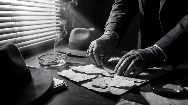 Man in suit rolling cigarette with torn papers on desk