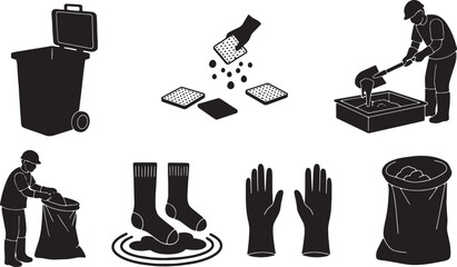 5 Black Solid Spill Kit Usage Silhouettes Set on White Background © Shakeel