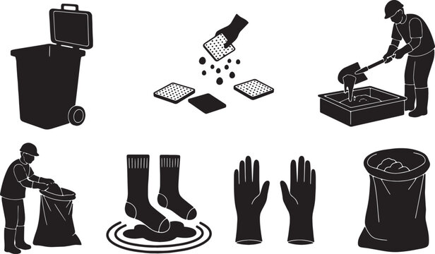 5 Black Solid Spill Kit Usage Silhouettes Set on White Background
