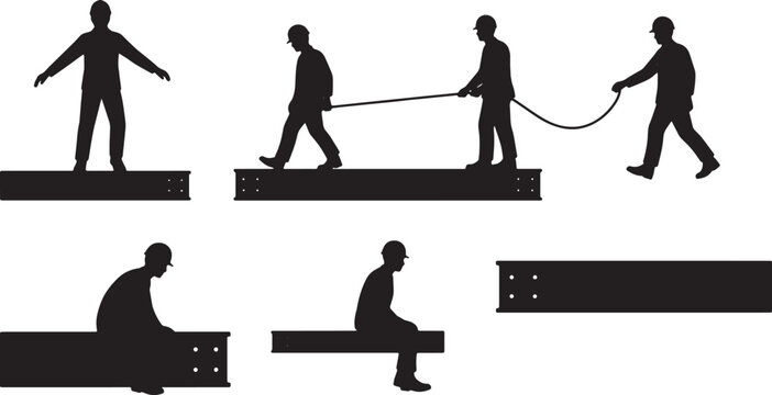 6 Black Solid Steel Beam Walking Silhouettes Set on White Background