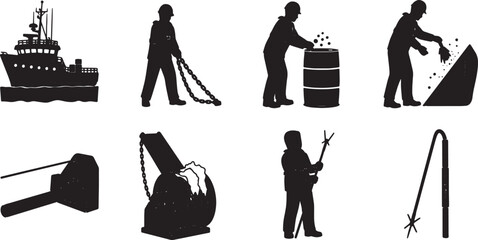 6 Black Solid Ice Boom Maintenance Silhouettes Set on White Background © Reshma