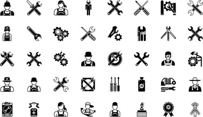 Black and white of tools and workers wrenches