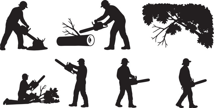 6 Black Solid Landscaper Chainsaw Silhouettes Set on White Background