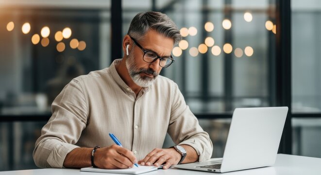 Mature businessman focused on writing notes while working on a laptop computer in a modern office setting
