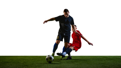 Two soccer players competing for ball during match isolated on white background. Concept of physical strength, body control, defensive pressure, balance, and professional football competition. © master1305