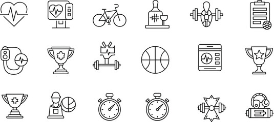 Black line of sports medicine and fitness symbols line black heart rate