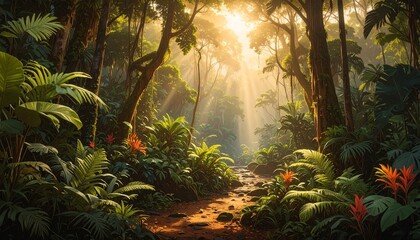 Sunlit tropical rainforest path with lush greenery and golden light rays in jungle wilderness © Aris