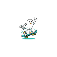 Cool ghost character skateboarding with a rock and roll hand gesture. © Basecamp