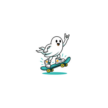 Cool ghost character skateboarding with a rock and roll hand gesture.
