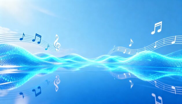 Abstract musical background with flying notes and glowing sound waves. Blue 3D illustration of melody and rhythm with reflection. Copy space for text