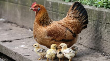 Fototapeta premium Mother hen protecting adorable baby chicks on cracked concrete
