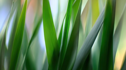 shallow. Fresh spring grass blades highlighted by sunlight with a soft, blurred effect. travel magazines, destination branding, designed for outdoor magazines and nature guides.