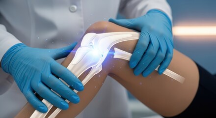 Knee pain surgery options concept. Medical professional examining a knee joint with a digital focus on the area.
