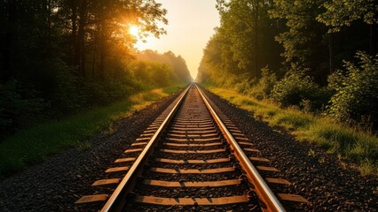 Fototapeta premium Railway tracks disappear into sunlight through lush, green forest trees