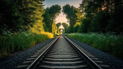 Fototapeta premium Railway tracks stretching through a vibrant green forest at sunset