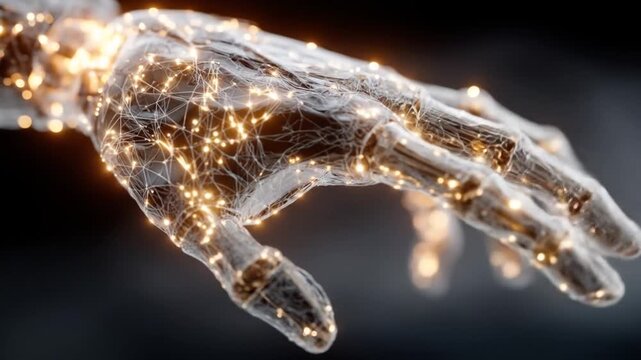 A robotic hand with intricate circuitry and glowing orange lights extends outward against a dark background
