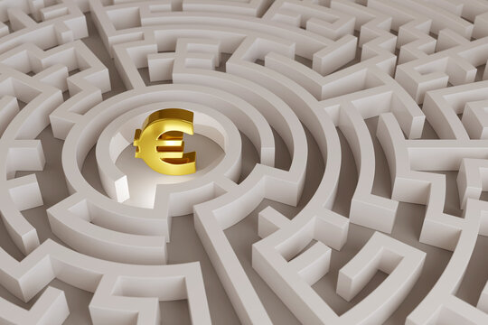 Euro sign in the center of a maze. Horizontal composition. 3d illustration.