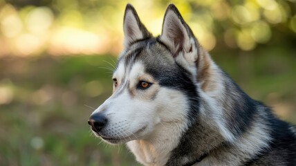 Naklejka premium Majestic husky dog with striking markings in outdoor setting