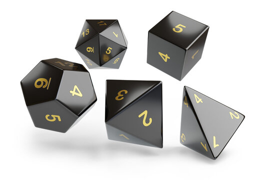 Black roleplaying dice rolling isolated on white background. 3d illustration.