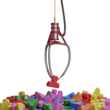 Claw machine catching a figurine isolated on white background. Personnel selection concept. 3d illustration.