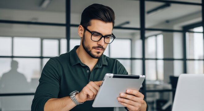 Focused young professional interacts with a portable electronic device in a modern office setting
