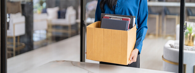 Quit Job asian business woman sending resignation letter and packing Stuff Resign Depress or...