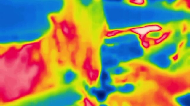 A goat eats hay from the hands of a nursing man. Image from thermal imager device.
