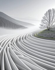 Fototapeta premium Lines of white curves and a tree outline the landscape in soft light near a hill and water
