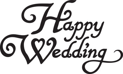 Vector illustration of a happy wedding card featuring a heart symbol and holiday art design with stylized alphabet font text to celebrate a special day of love
