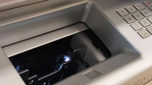 Person Withdrawing Ruble Cash from ATM Machine, Close-up