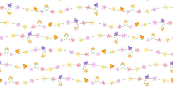 Seamless floral pattern with cute birds, delicate spring design, Easter print, Mother&rsquo;s day decor