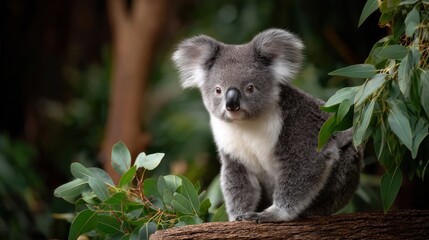 Fototapeta premium Cute Koala Sitting on Tree Branch Surrounded by Green Leaves